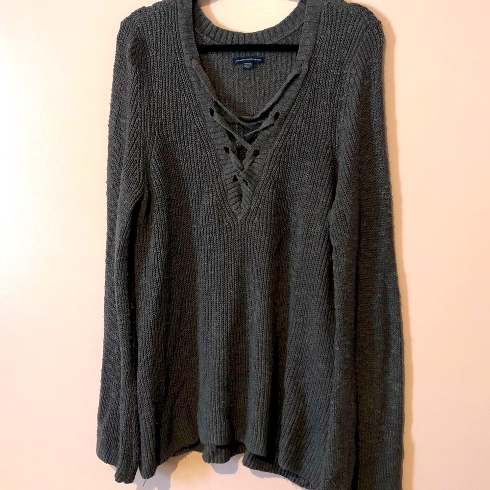 Gray lace front v neck sweater